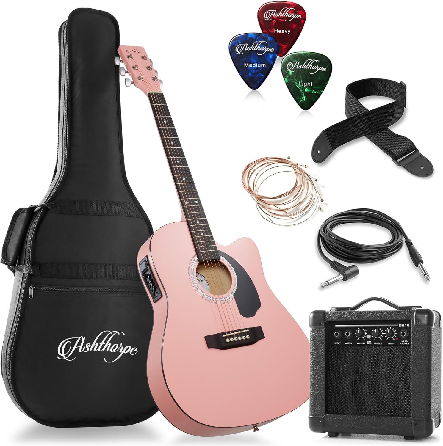 Ashthorpe Full-Size Thinline Cutaway Acoustic Electric Guitar Package with 10 Watt Amp - Pink