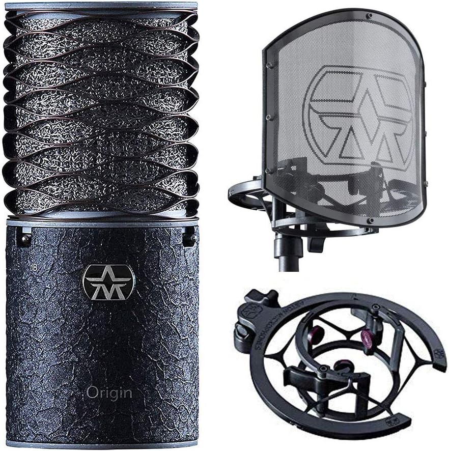 Aston Microphones Origin Black Bundle Production Kit Pairing a Rock'n'Roll Black Version of Aston's Legendary Origin Microphone with The Swiftshield Pop Filter and Shock Mount Set