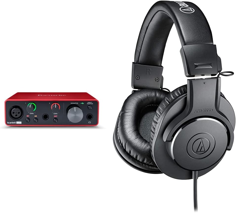 Focusrite Scarlett Solo 3rd Gen USB Audio Interface, for the Guitarist, Vocalist, Podcaster or Producer & Audio-Technica ATH-M20X Professional Studio Monitor Headphones, Black