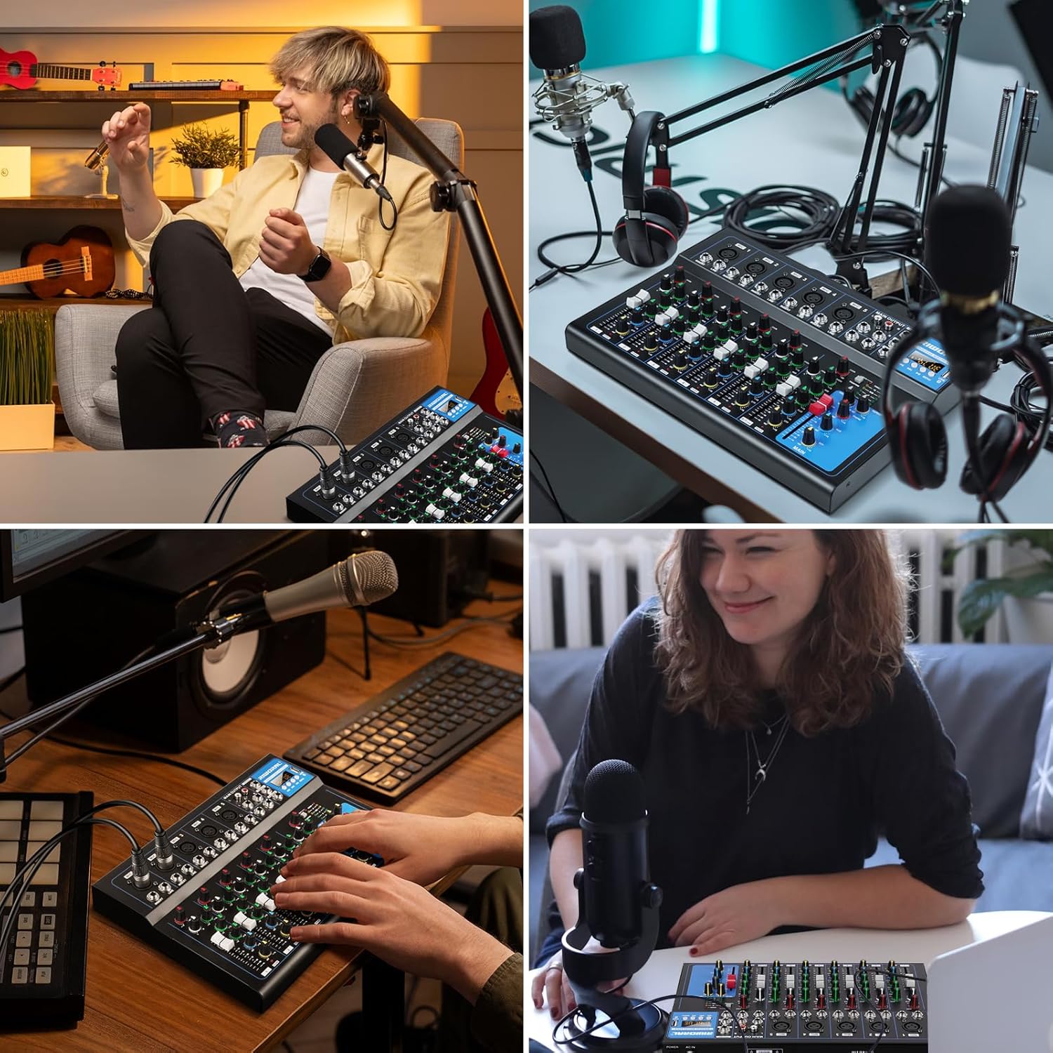 7 Channel Audio Interface USB Audio Mixer Sound Board Mixing Console Built In Bluetooth MP3 Computer Input +48V Phantom Power Mixer Audio For Karaoke Dj Stage Streaming Studio