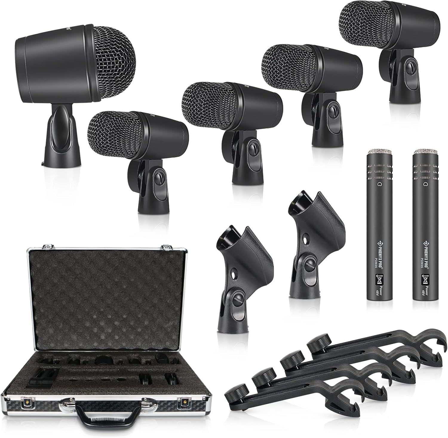 Phenyx Pro Drum Microphone Kit, 7-Piece Full Metal Wired Dynamic Mic Set for Bass/Tom/Snare/Hi-hat Cymbals, with Carrying Case, Holders, and Threaded Clips (PTD-10)