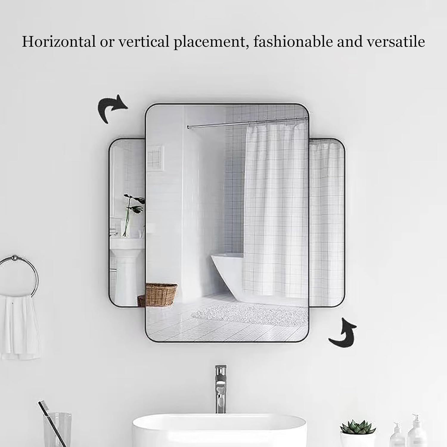 Punch Free Modern Bathroom Mirror, Three Color Frame Square Corner Rectangular Bathroom Wall Mount Vanity Mirror for Bedroom Living Room, Horizontal Or Vertical Hang(Size:60*100cm/23*39in,Color:Gold)