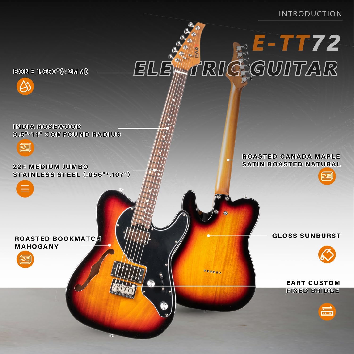 EART E-TT72 6 String Semi-Hollow-Body Electric Guitar Versatile Playability, Powerful Humbucker Pickups Fixed Bridge Guitars