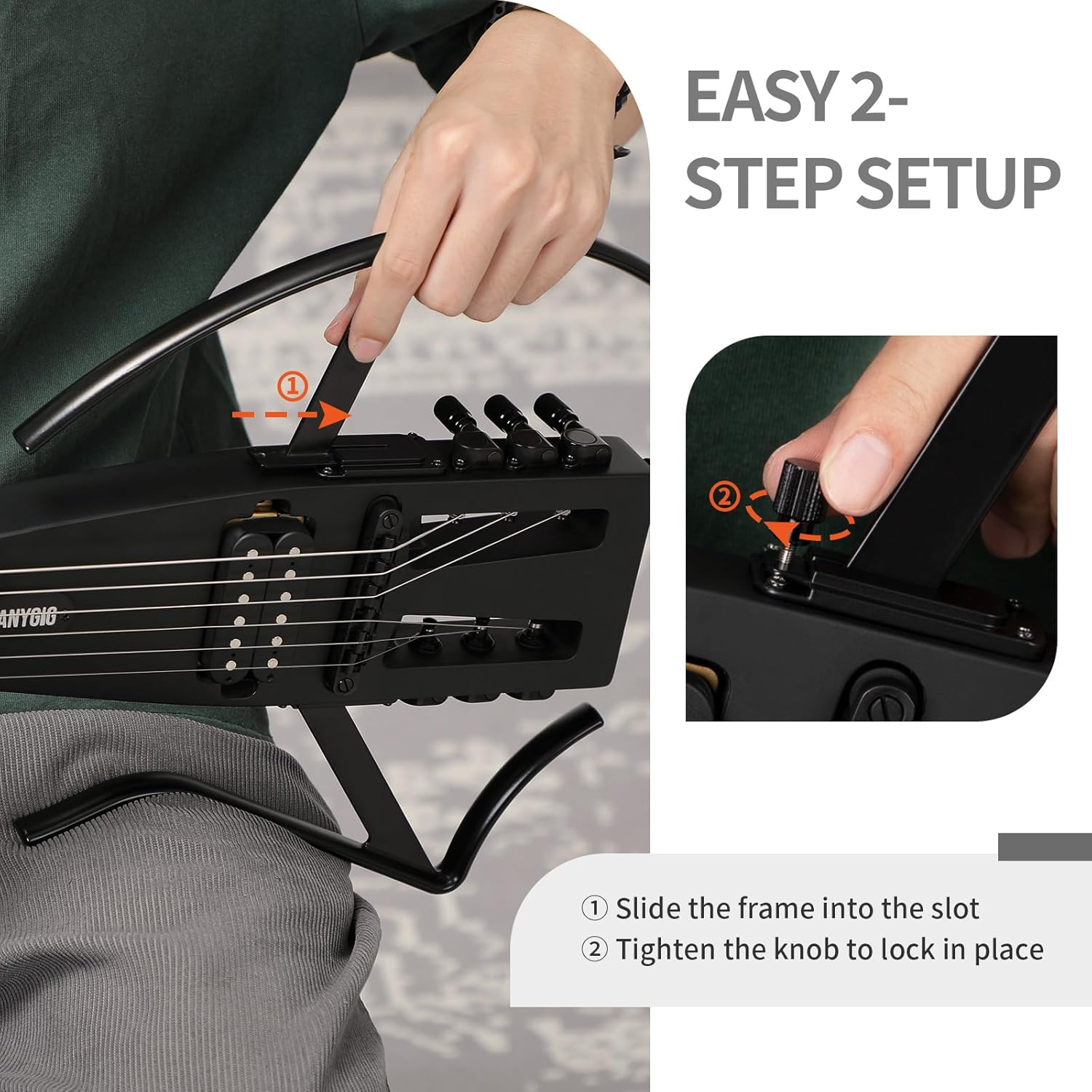 Travel Electric Guitar Headless – Portable Ultra-Light and Quiet, Full-Scale 25.5” Rosewood Fingerboard, Glow Humbucker, Gig Bag, Removable Stands for Left and Right Black