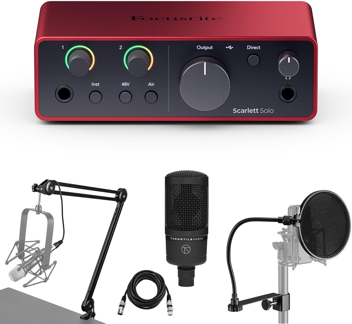 Scarlett Solo 4th Gen USB Audio Interface with Software Suite, Bundle Cardioid Condenser Microphone and Broadcast Arm with Internal Springs and Integrated XLR Cables & Pop Filter (5 Items)