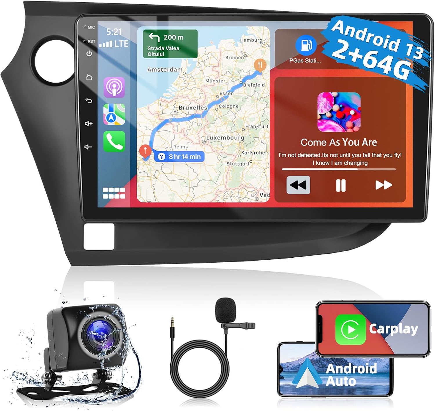 Podofo [2+64G] A-pple CarPlay Car Stereo Radio for Honda Insight 2009-2014, 9 Inch Touch Screen Bluetooth Audio with GPS Navigation Android Auto Mirror Link WiFi RDS Hi-Fi Backup Camera MIC