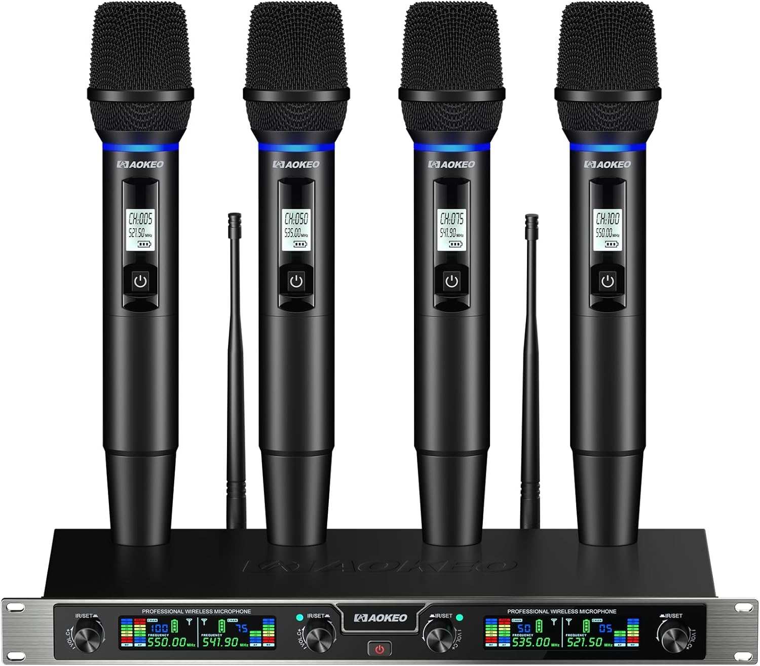 Aokeo Wireless Microphones System, 4 Channel UHF Wireless Mics,with 4 Handheld Dynamic Microphones,Metal Receiver for Karaoke,Singing,Wedding,Party,Speech