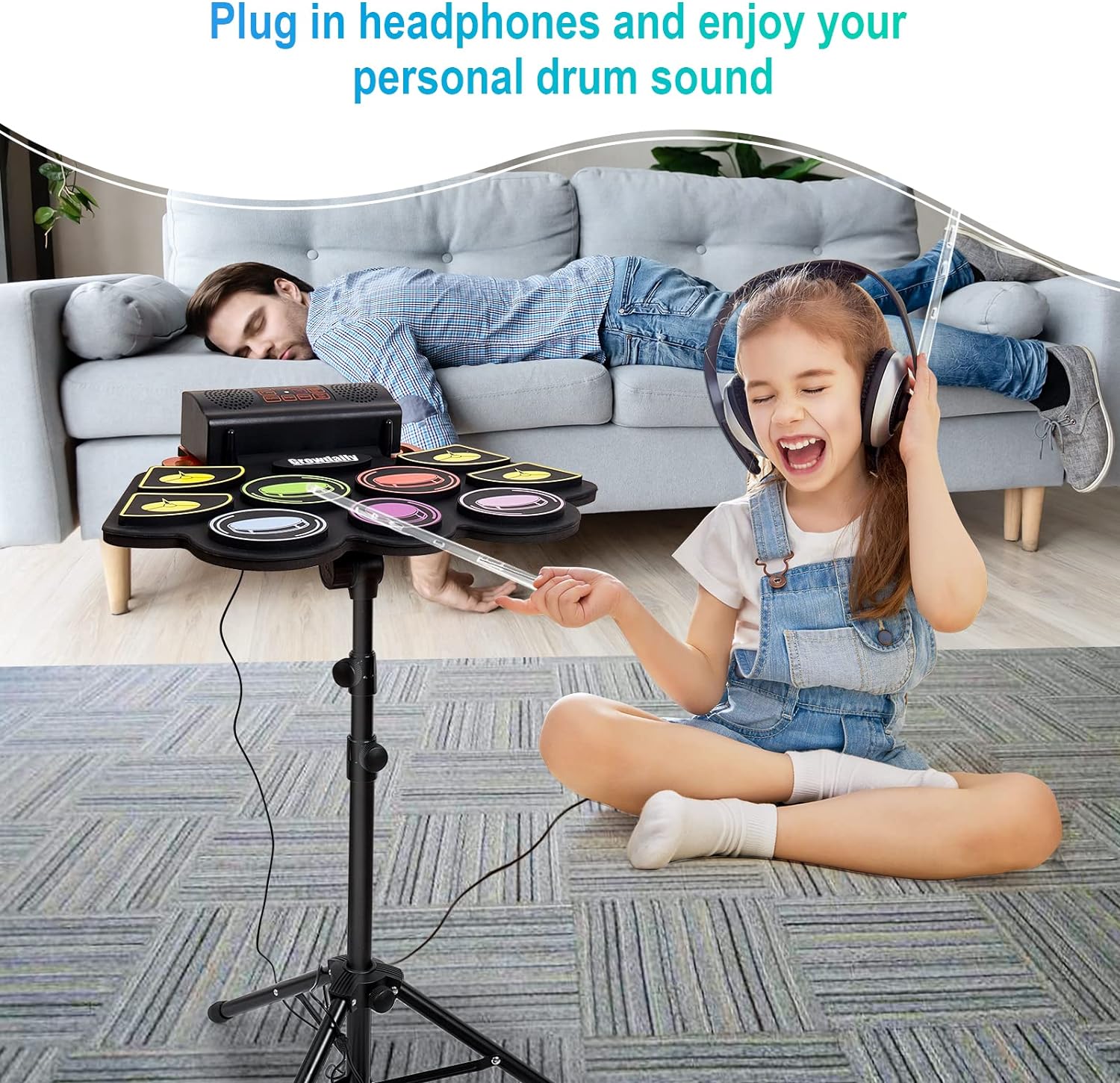 Electric Kids Drum Set,Electronic Drum Set Practice 9 Pads With Stand,Music Recording,Light Up Drum Sticks,Drum Pedal,Midi,Dual Stereo Speaker(Rainbow)