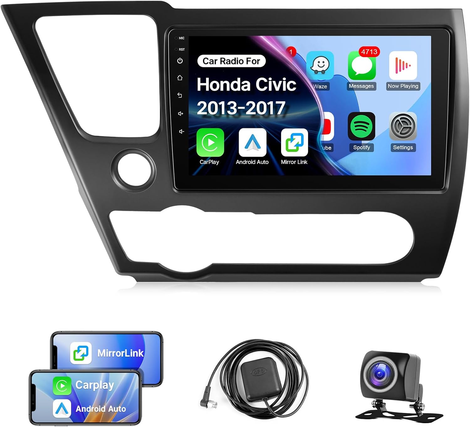 Leadfan Radio for Honda Civic 2013-2017(Not Fit JBL & Large Screen) Car Stereo with Wireless Carplay Android Auto, 9inch Touchscreen Head Unit GPS Bluetooth WiFi FM SWC+Backup Camera MIC, 2+32G