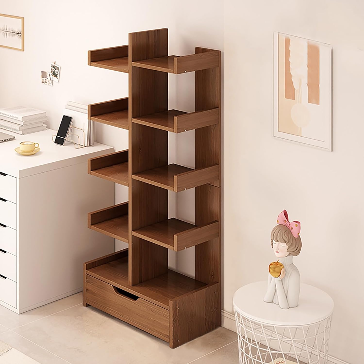 Bookcase with Drawers, Storage Organizer, Vertical Bookshelf, Modern Floor Standing Display Rack, for Home Office, Living Room, Bedroom, Kitchen(Brown)