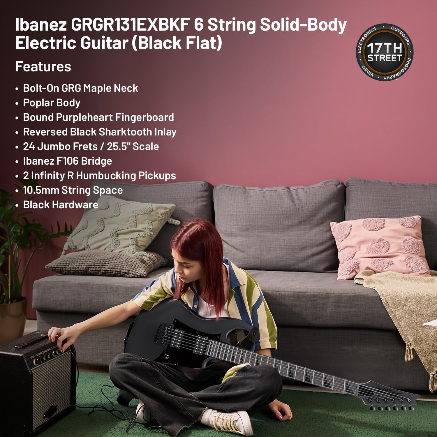 Ibanez 6-String Solid-Body Electric Guitar (Black Flat) - Full Right Handed Bass with GSF50 Powerpad Strap, String Capo, 15 Pack Guitar Picks with Storage Box & Microfiber Cleaning Cloth (Bundle Set)