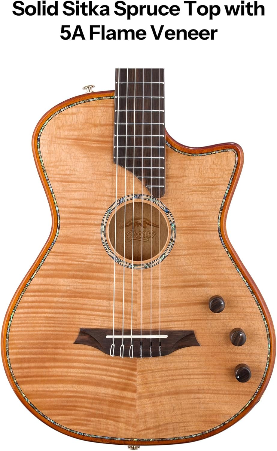 Bromo BEN2C Electric Nylon String Guitar, Thinline Fully Chambered Semi-Hollow Body Slim Neck Dual Pickup Stage Live Performance Fusion Classical Guitar with Hard Case (Natural)