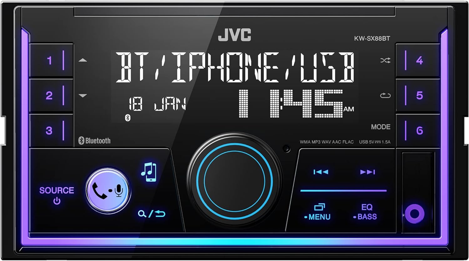 JVC KW-SX88BT Bluetooth Double DIN Digital Media Receiver with Shallow Chassis, Variable Color Display, Front USB/APowerful Amp, AM/FM Radio, Ideal OEM Replacement