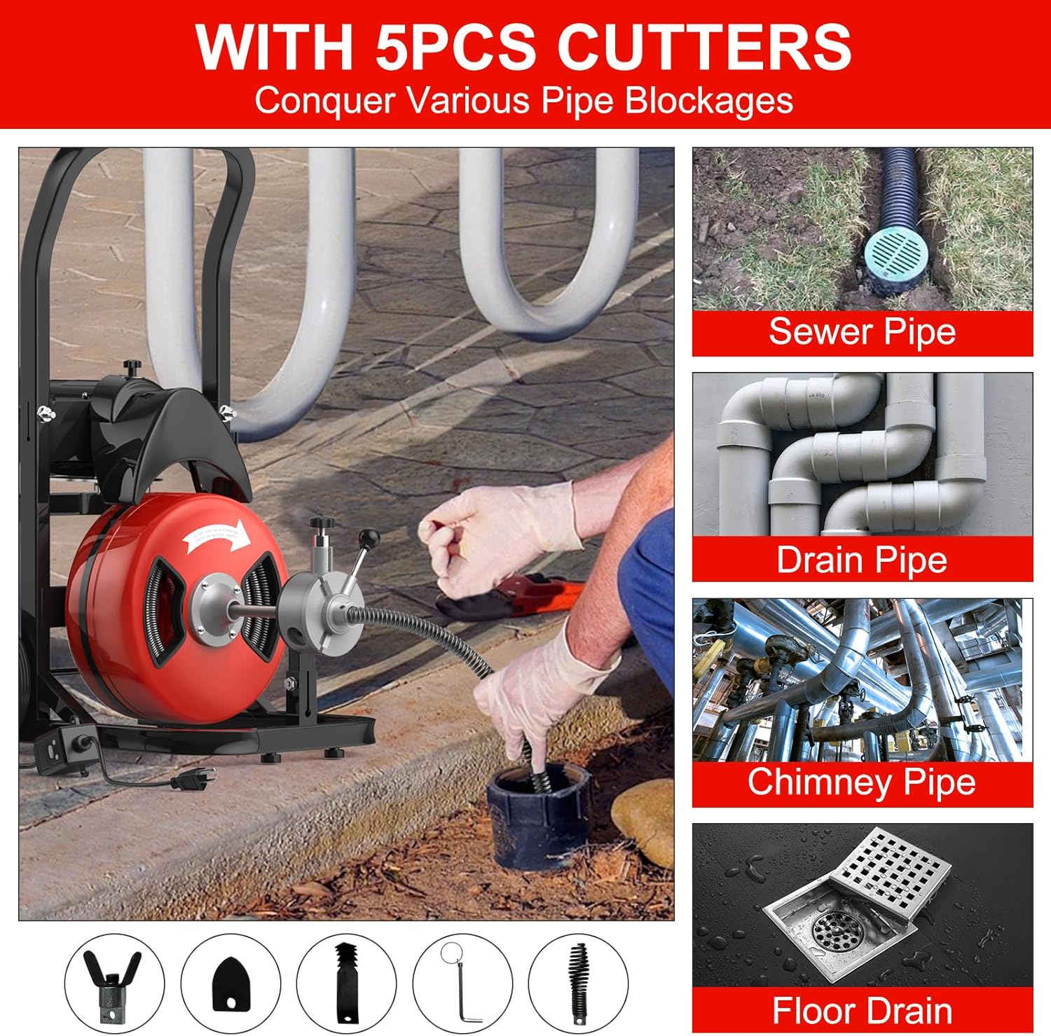 Drain Cleaner Machine,Drain Auger 100ft x 1/2 Inch Drain Cleaning Machine,450W Drain Snake with 4 Cutters & Air-activated Foot Switch for 2