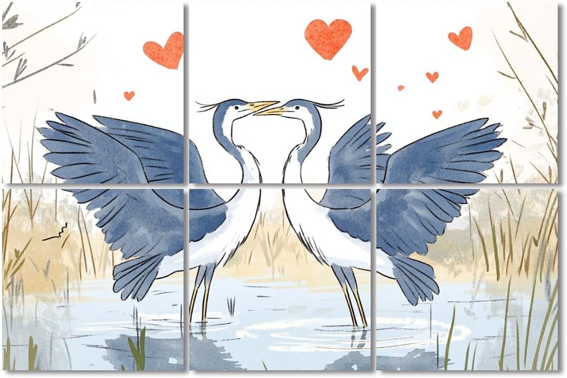 6 Pack Art Acoustic Panels Sound Absorbing Couple Coastal Crane Love Birds Two Cranes Water Grass Hearts Romantic Decorative Soundproof Wall Panels Self Adhesive for Recording Studios Office 72