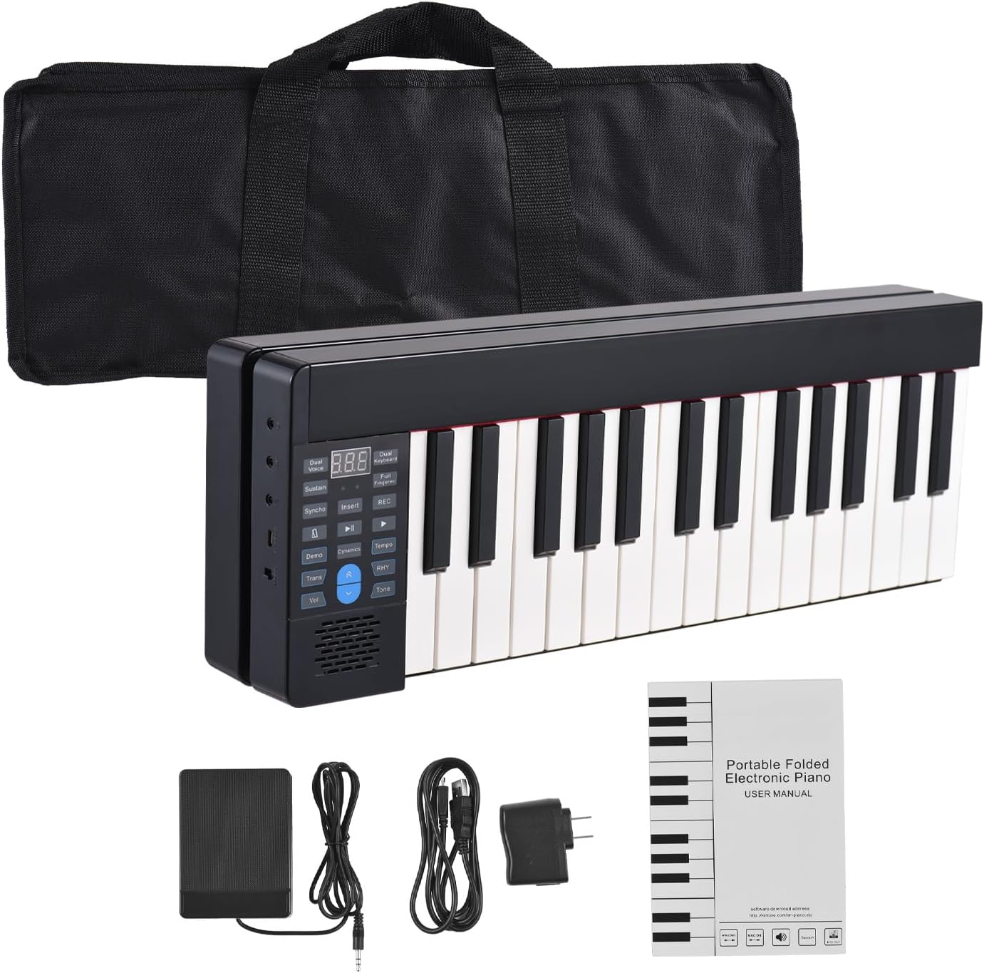 61-Key Foldable Electronic Piano Multifunctional Electronic Organ Folding Digital Piano 61 Keys Sensitive Piano Keyboard with LCD Display Built-in Rechargeable Battery BT Connectivity
