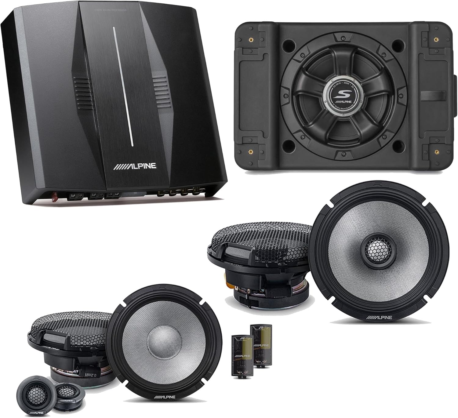 Alpine PXE-C80-88 OPTIM8 8-Channel Hi-Res Digital Sound Processor Amplifier w/SS-SB10 Subwoofer, R2-S65C & R2-S65 Bundle