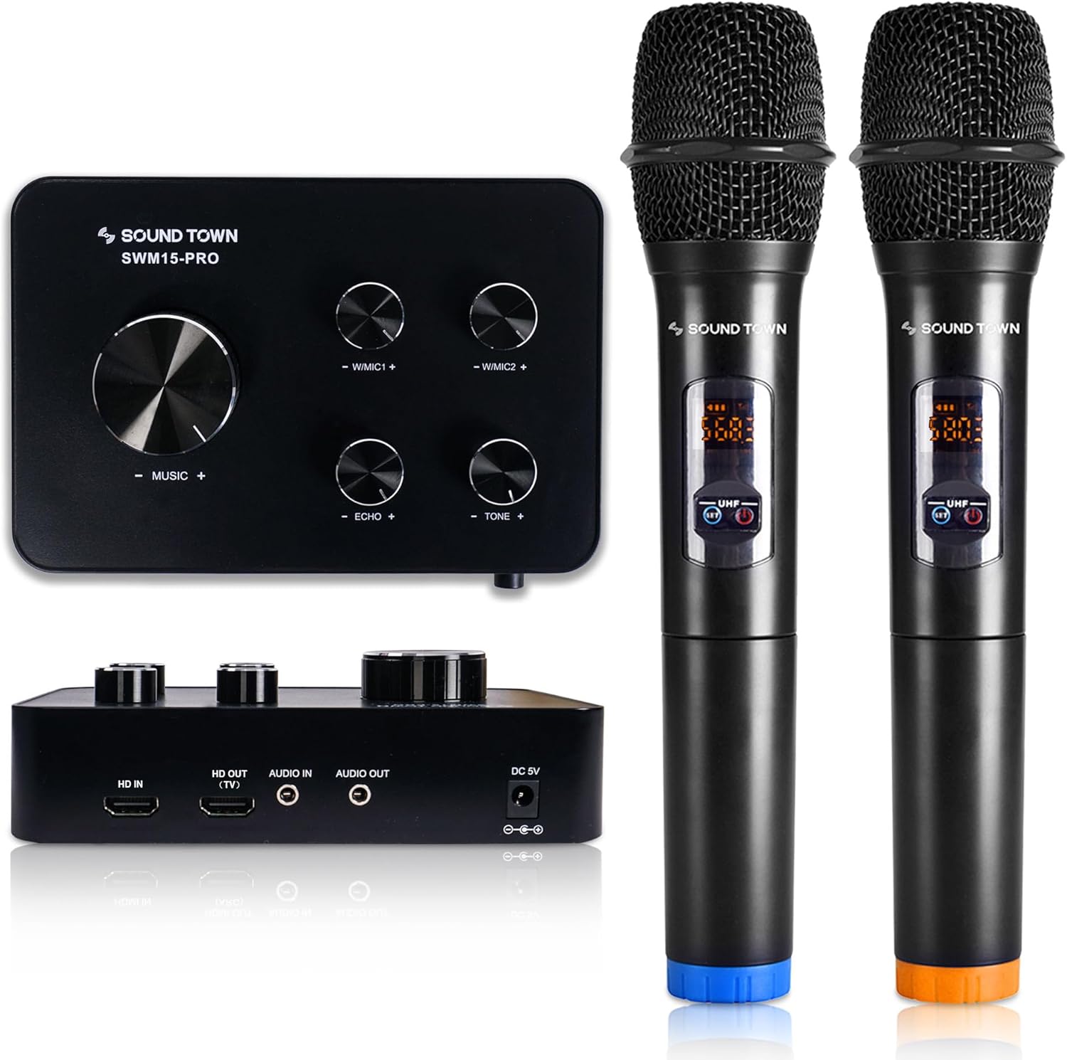 Sound Town Wireless Microphone Karaoke Mixer System with HD Audio Return Channel, Optical, AUX, Bluetooth - Supports Smart TV, Media Box, Sound Bar (SWM15-PRO)