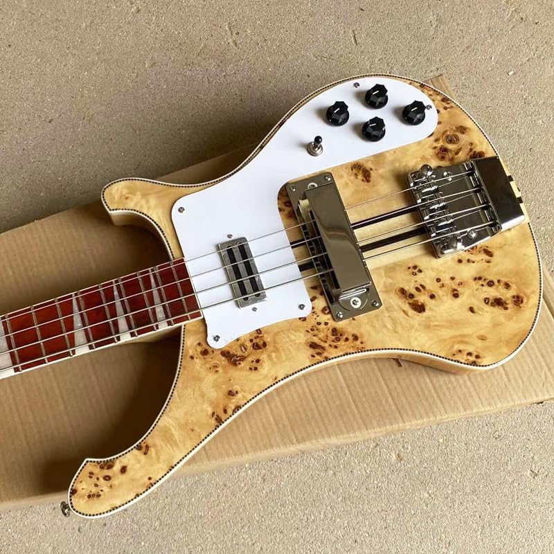 4-String Electric Bass Guitar - Natural Gloss Finish with Burl Maple Top, 20-Fret Rosewood Fretboard