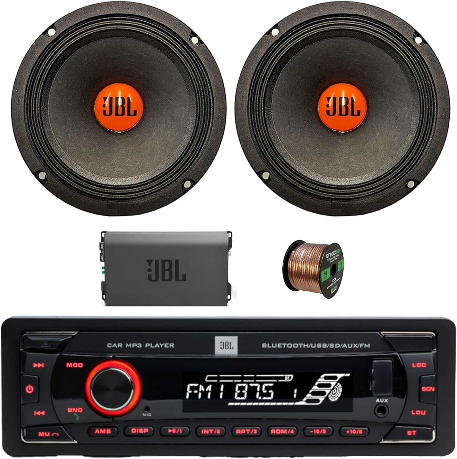 Single DIN Bluetooth FM Radio USB/AUX MP3 Stereo Receiver, Amplifier, 2X 6.5 300 Watt Peak Power Midrange Car Audio Speakers w/Wire