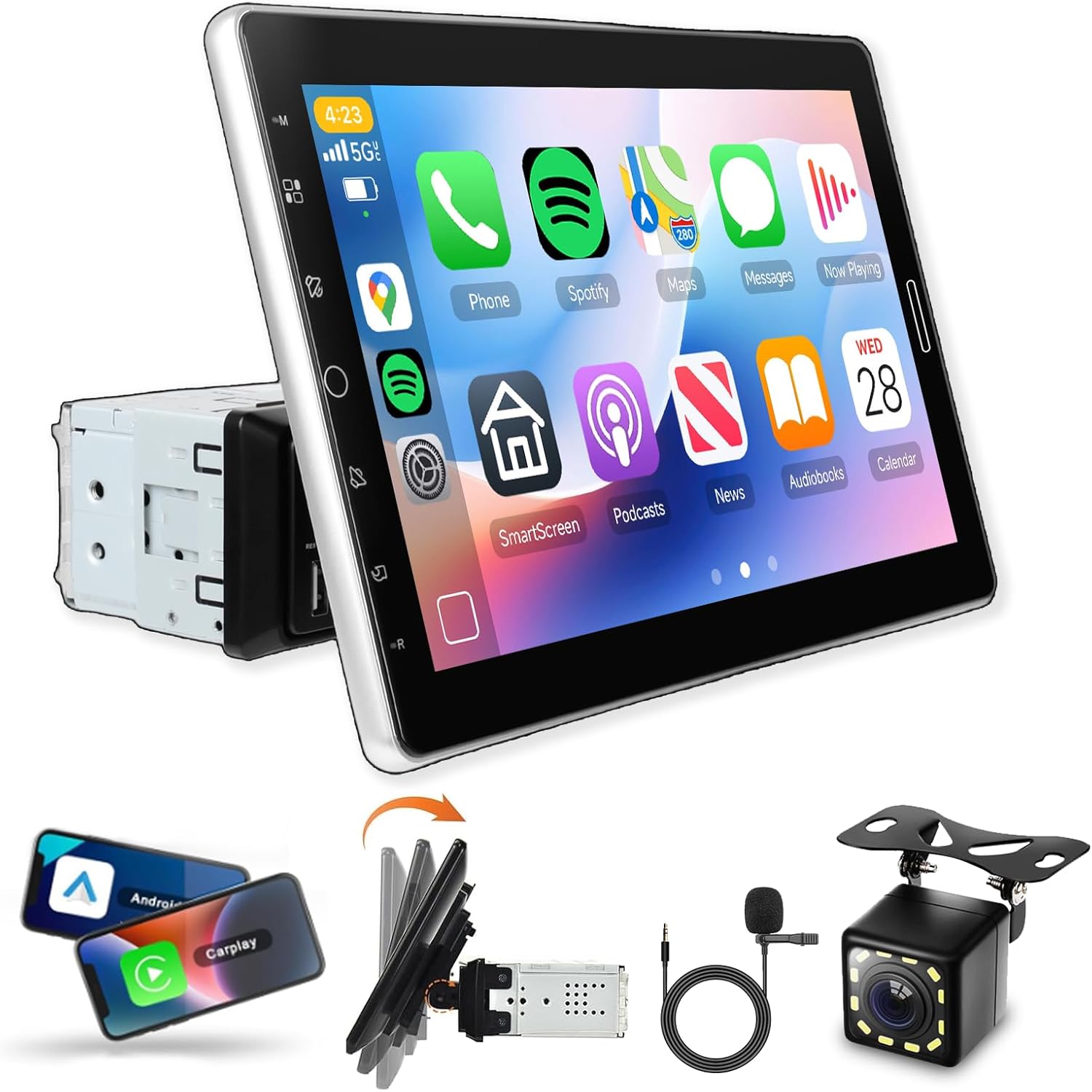 10.1 inch Single Din Touchscreen Car Stereo with Carplay Android Auto,1080P IPS Detachable Touch Screen,Bluetooth,12LED IP69k Backup Camera,FM Radio GPS,USB/AUX,Mirror Link,SWC