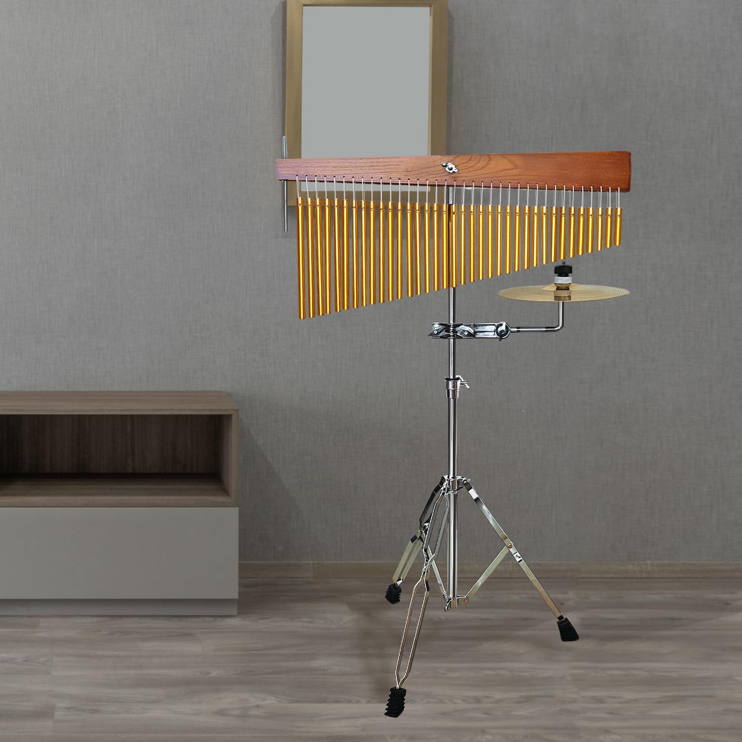 Adjustable Height Wind Chime Single-row Percussion Chime wtih Collapsible Tripod Stand Bar Chime for Class Yoga (36 Note Chime with Cymbals)