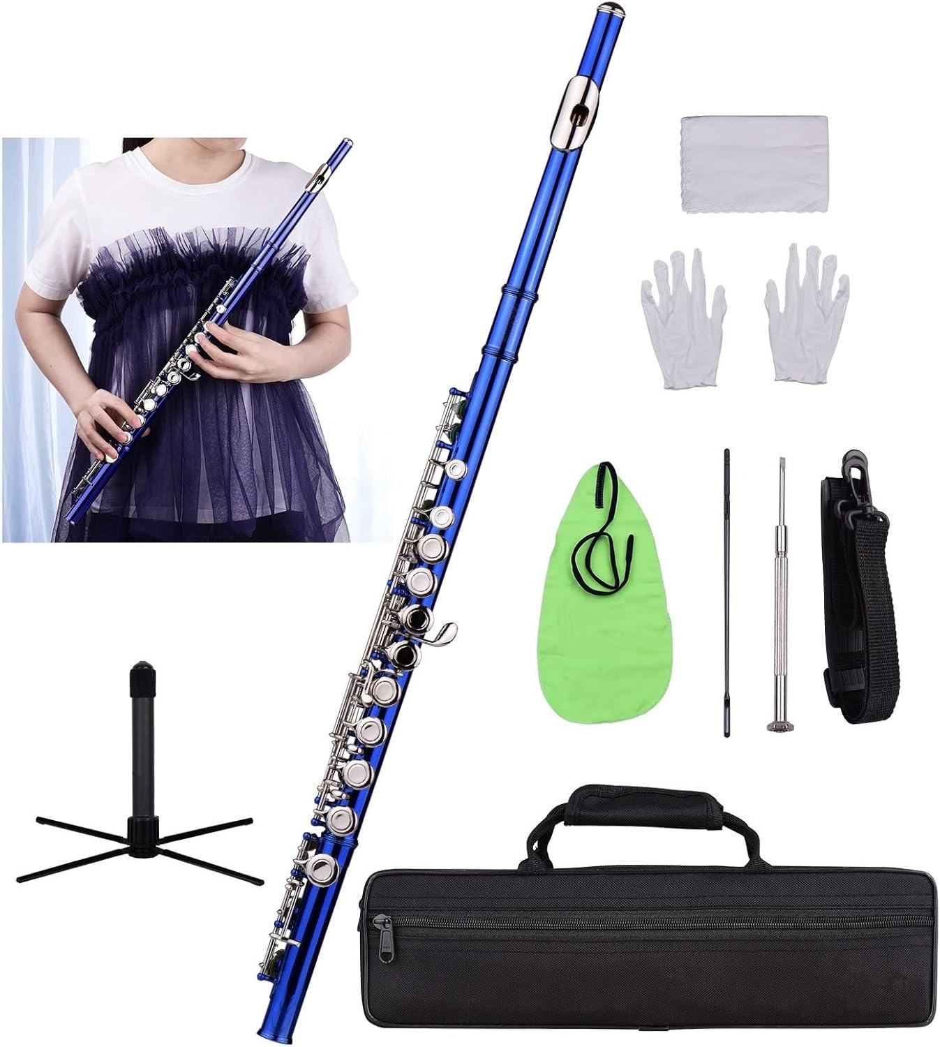 ZUZU Closed Hole C Flute 16 Keys Cupronickel Nickel-Plated Wind Instrument with Carry Case Flute Stand Gloves Cleaning Cloth Beginners Flute (Color : Dark Blue)