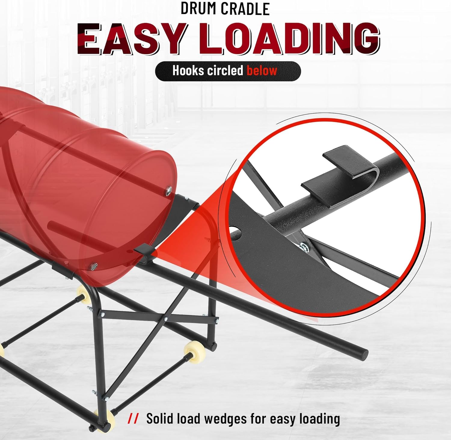 KUAFU 55 Gallon Drum Cradle 600lbs Drums Dolly Cart Drum Dispensing Stand Black 4 Wheel Powder Coated Steel