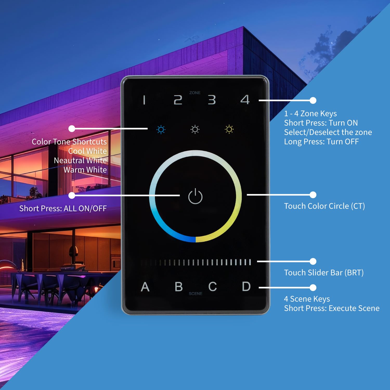 LTech UB2 Tunable White (CCT) DMX & Bluetooth BLE 5.0 Mesh Programmable Touch Panel Wall Mount LED Lighting Controller, 4-Zone & Multi Scene