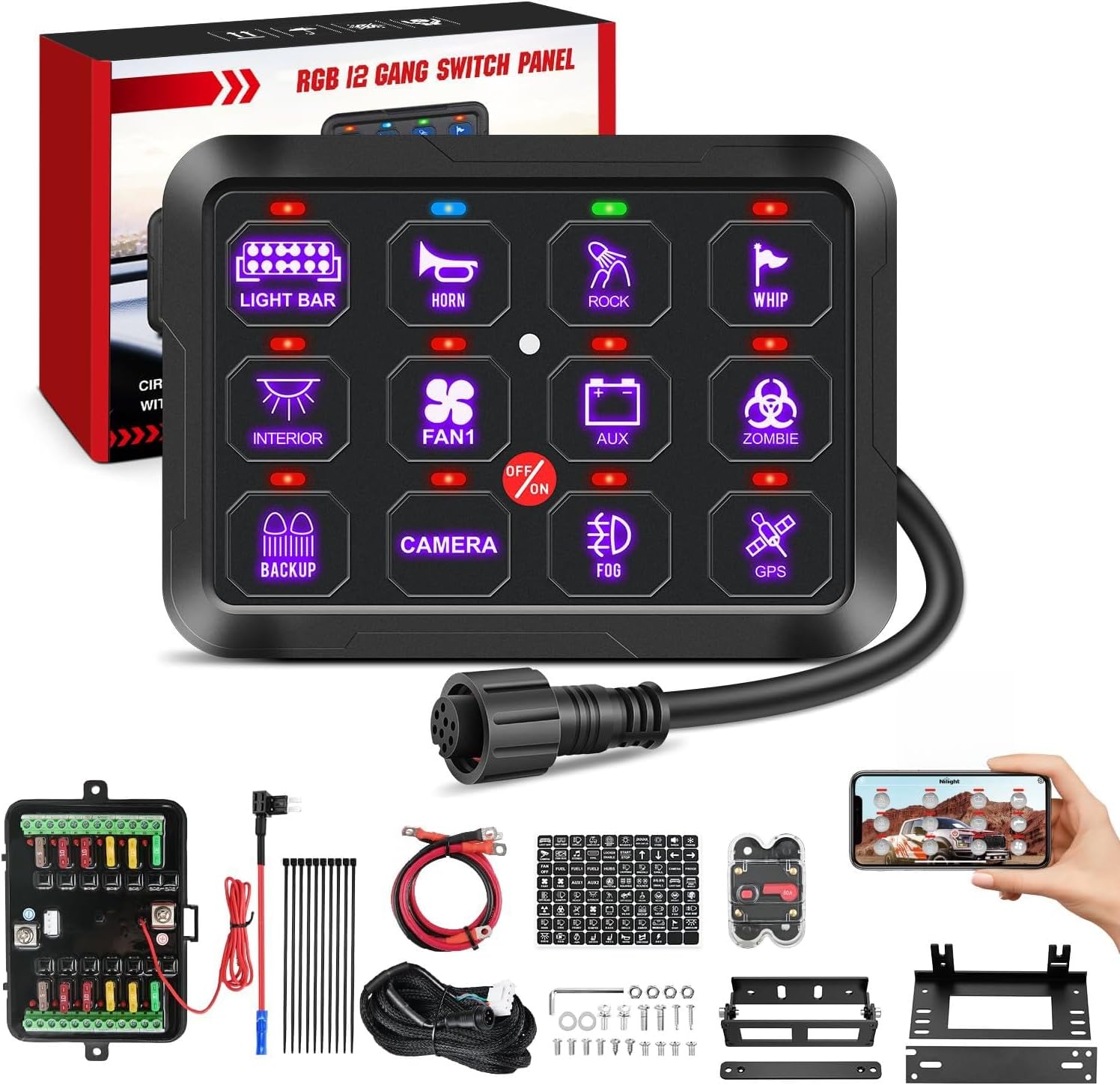 Nilight 12 Gang Switch Panel 12V 24V Universal Circuit Control Relay System with RGB Backlight APP Fuse Wiring Harness Automatic Dimmable ON Off LED Switches Pod for Car Pickup Truck Camper SUV