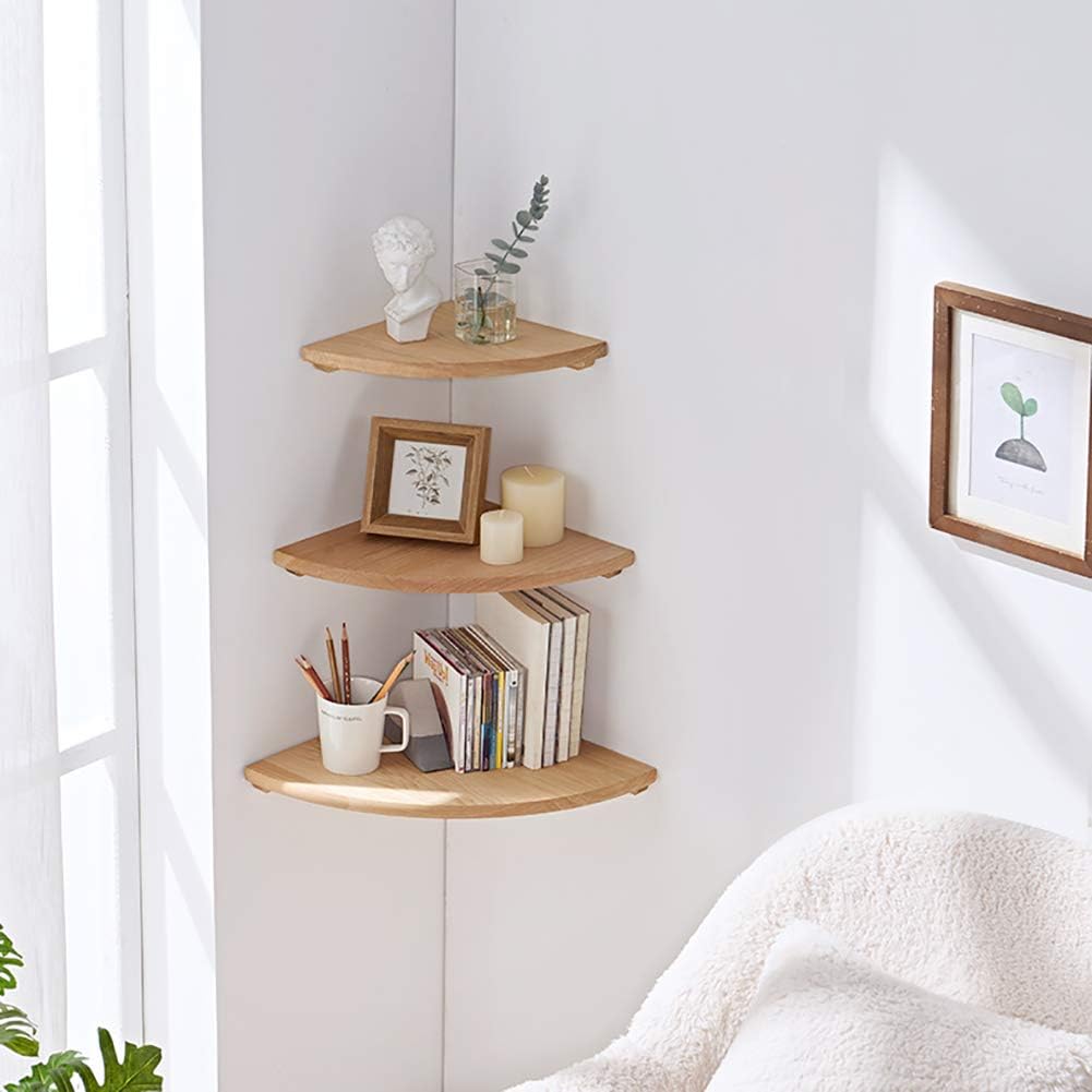 Rustic Oak Corner Floating Shelves Wood - Wall Mounted Storage Ledge Shelf for Living Room, Bedroom, Office - (Oak 30x30cm(12x12inch))