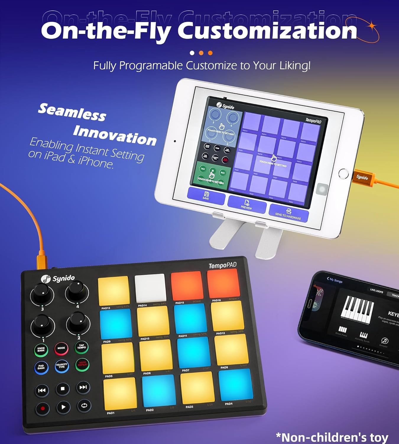 Synido TempoPAD Midi Controller Beat Maker Machine for Music Production, Portable USB MIDI Beat Pad Controller for Beginners with Durable Carrying Bag, 16 Backlit Beat Pad, 4 Assignable Knob