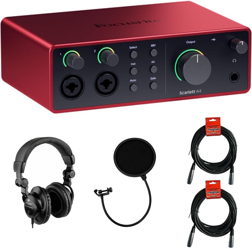 Focusrite Scarlett 4i4 USB-C Audio/MIDI Interface (4th Gen) Bundle with Polsen HPC-A30 Studio Monitor Headphones, Pop Filter and 2x XLR- XLR Cable