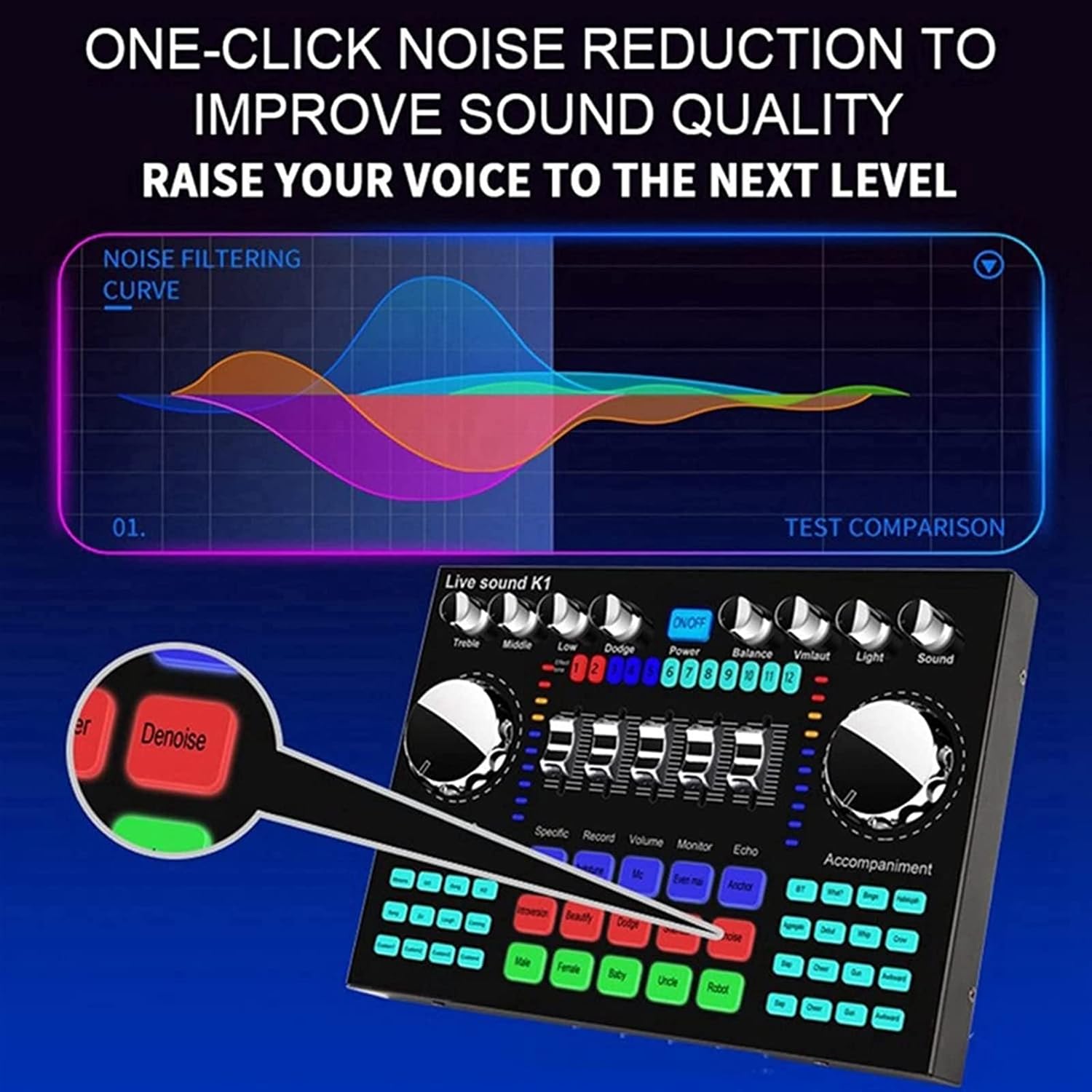 Professional Audio Mixer,K1 Live Sound Card Portable Bluetooth Sound Card Profession Adjustable Volume Audio For Music Recording Karaoke Singing