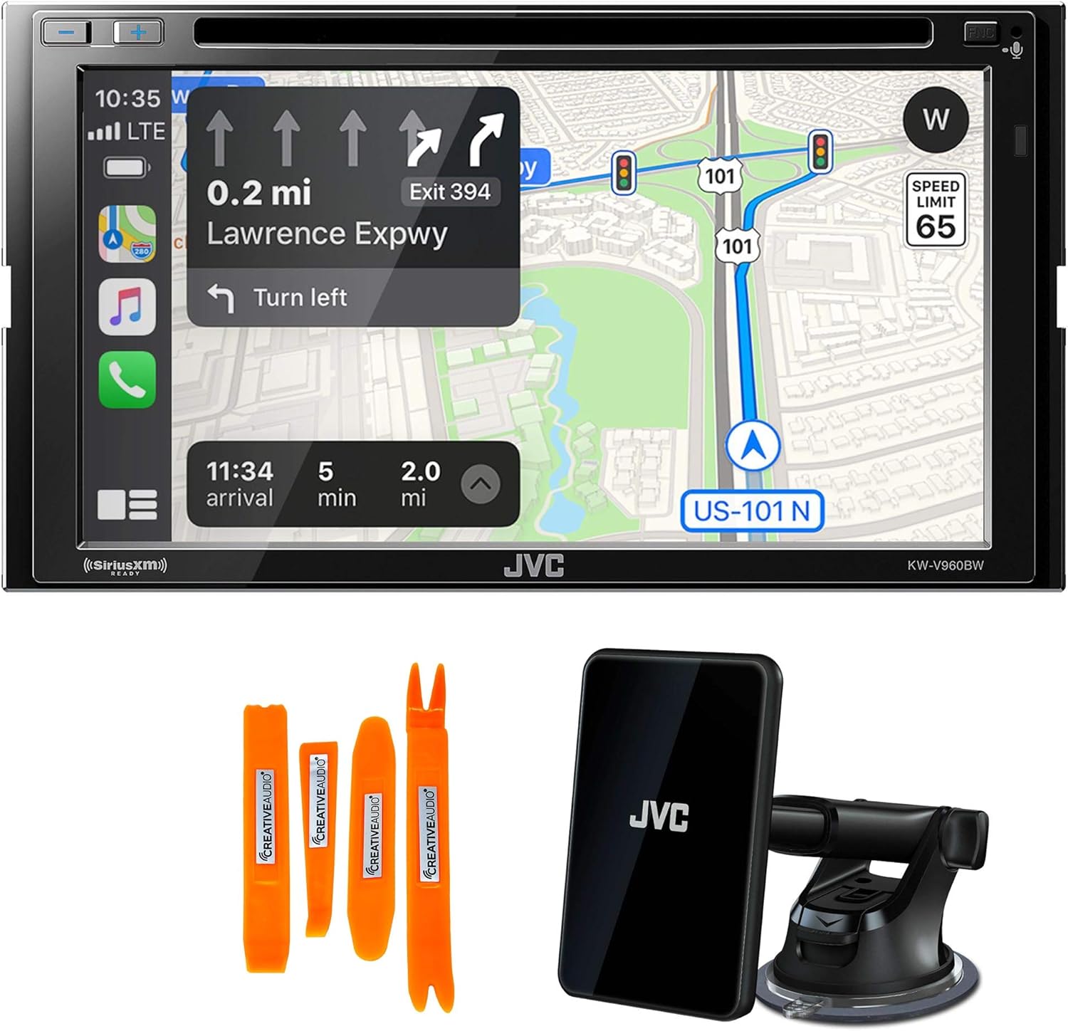 JVC KW-V960BW CDDVD AV Receiver with Bluetooth, Wireless Android Auto & Wireless Apple CarPlay, Includes KS-GC10Q Qi Wireless Charging Magnetic Mount Cradle