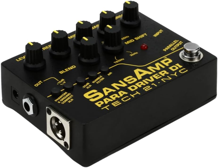 Tech 21 PMDI V2 SansAmp Para Driver DI V2 Guitar Bass Effects Pedal Bundle w/ 2x Strukture S6P48 Woven Right Angle Patch Cables, 12x Fender Picks & Liquid Audio Polishing Cloth