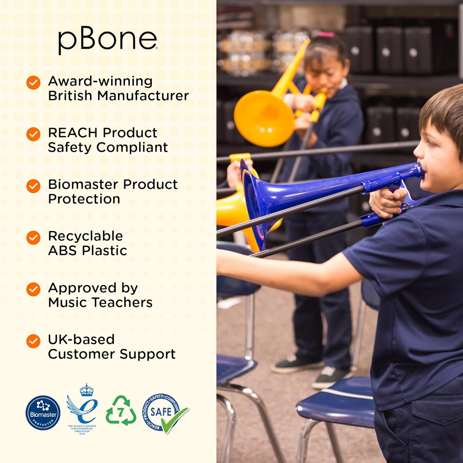 pBone Plastic Kids pBone Mini Trombone - Mouthpiece and Carrying Bag- Lightweight Versatile, Comfortable Ergonomic Grip- Eb Authentic Sound for Student & Beginner- Durable ABS Construction- Blue