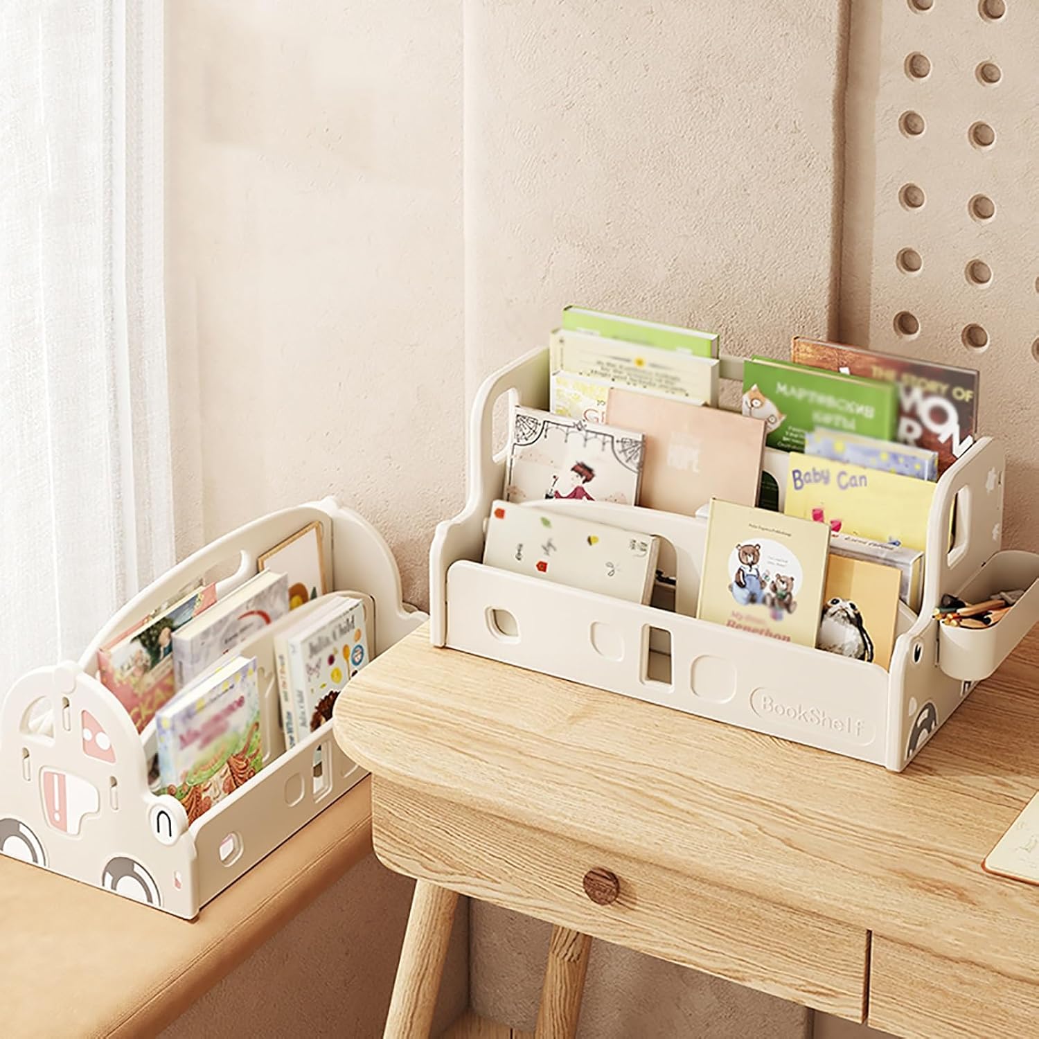 Kids 3-Tier Bookshelf, Desktop Organizer, Decorative Storage Shelving, PE Freestanding Display Bookcase, Book Shelf Unit for Living Room Bedroom(White)