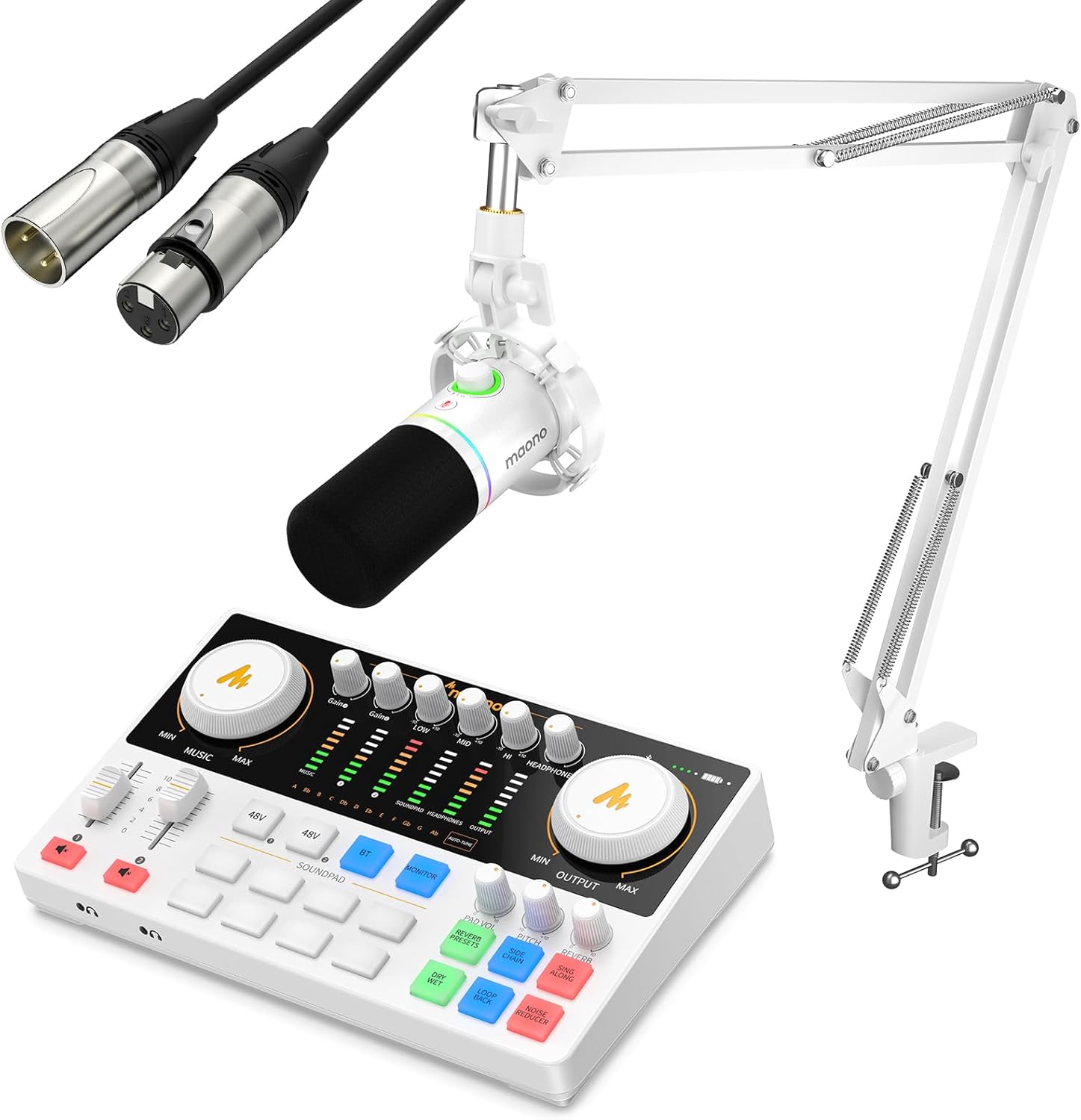 MAONO Podcast Equipment Bundle: Audio Interface and USB/XLR Dynamic Microphone - MaonoCaster E2 Gen2+PD200XS White