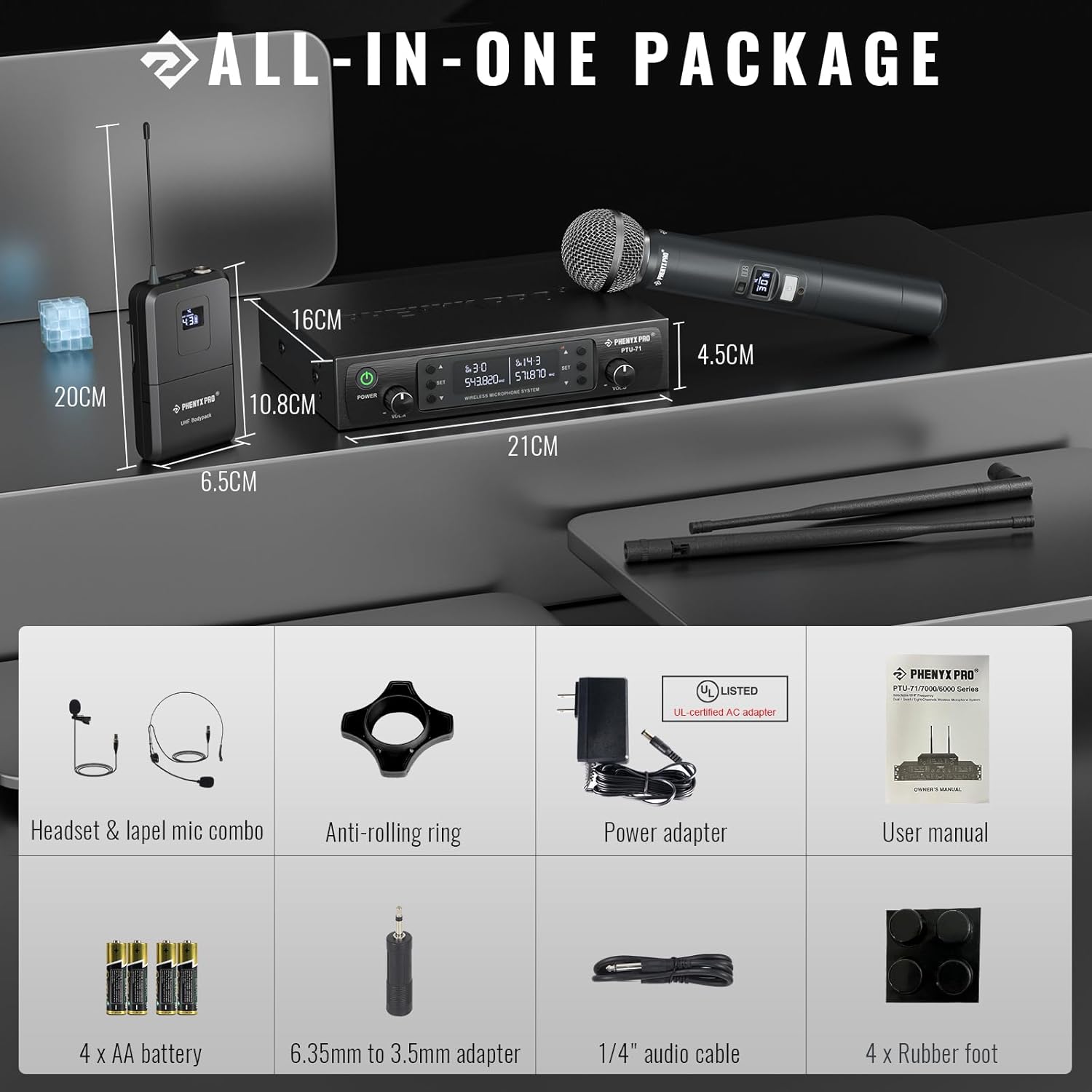 Phenyx Pro Wireless Microphone System,2x100 Adjustable UHF Channels(PTU-71-1H1B) Bundle with 6Ft XLR Snake Cable