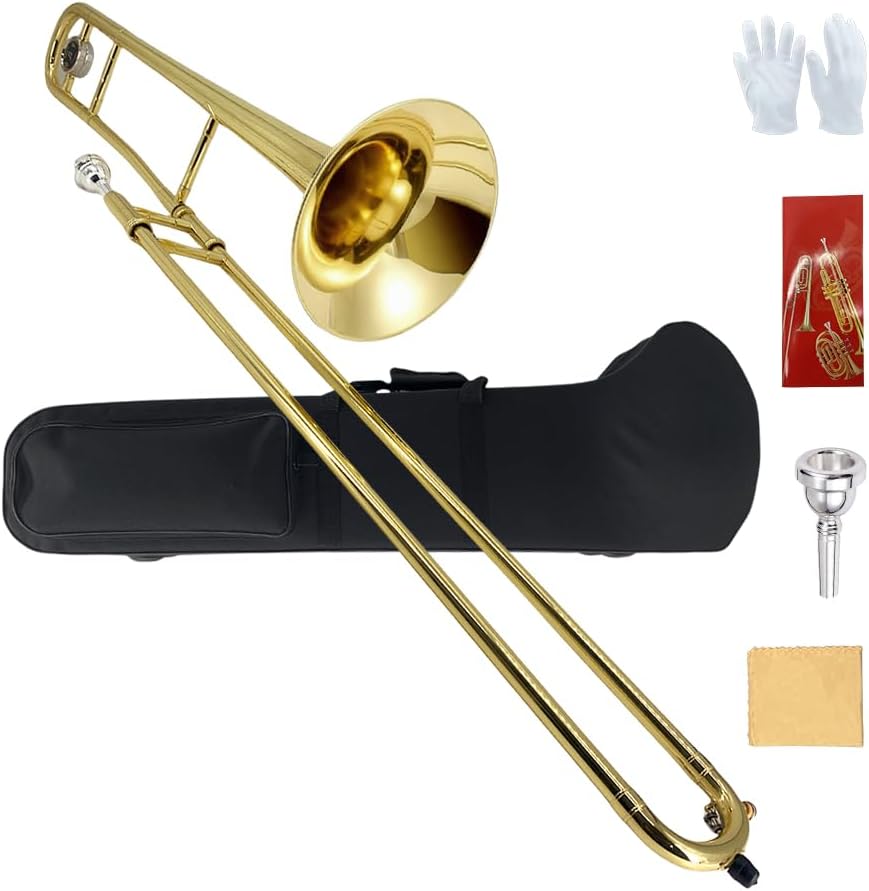 Bb Tenor Slide Trombone – B Flat Brass Trombone with Gold Lacquer Finish- Includes Hard Case, Mouthpiece & Cleaning Kit – Fit for Students & Musicians and Beginners（12.7 mm & 205 mm）