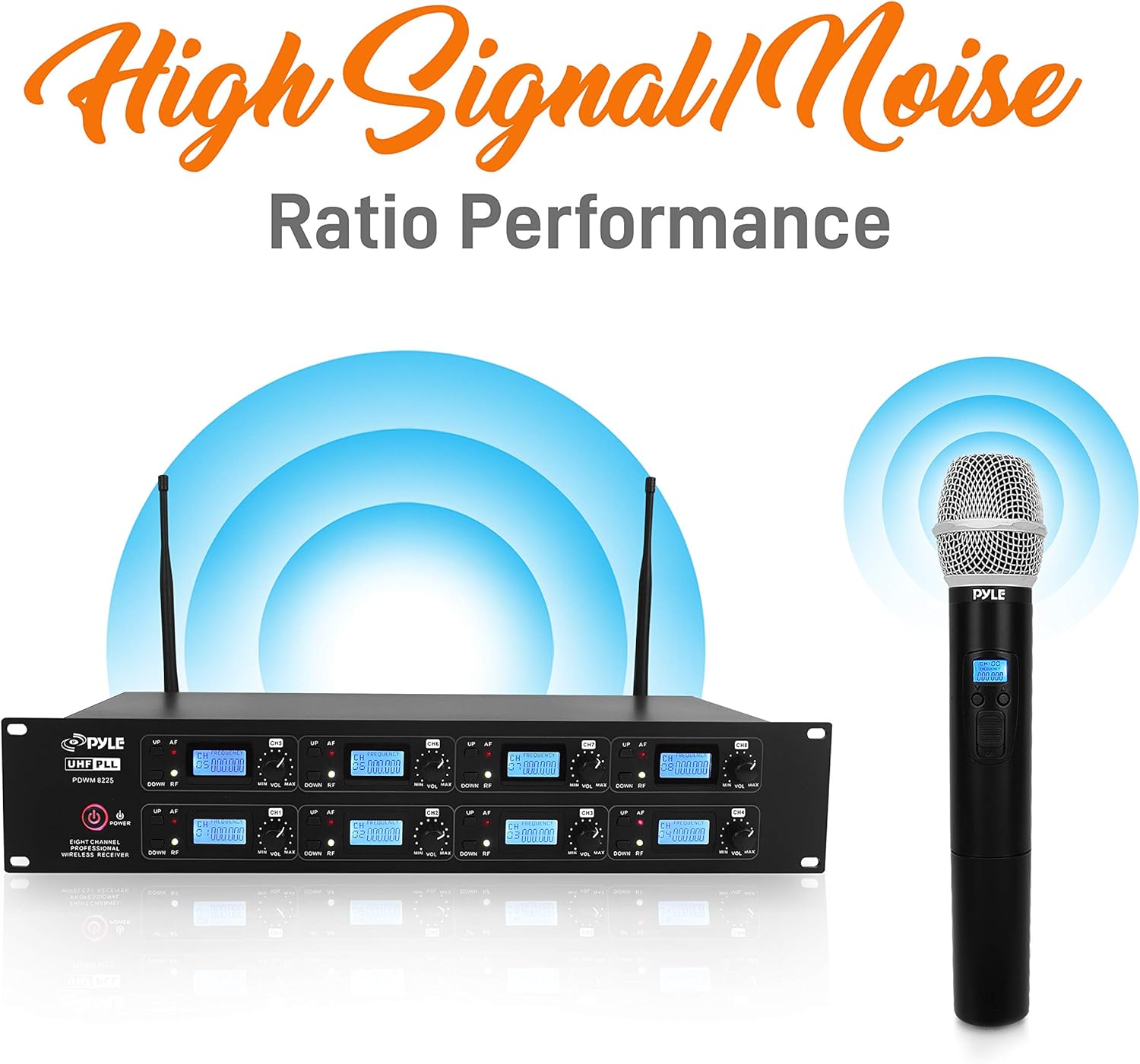 Pyle Professional 8 Channel UHF Wireless Microphone & Receiver System 4 Handheld Mics Belt Packs Transmitters Headsets &Lavalier Lapel Mics RF&AF Radio/Audio Frequency Digital Display(PDWM8225),Black