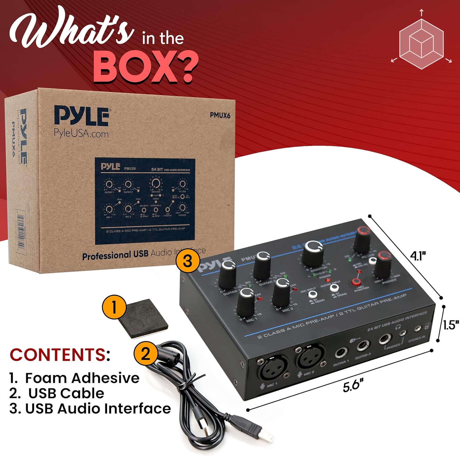Pyle Professional USB Audio Interface with MIC, Guitar, AUX Stereo Inputs, Phone/Monitor Outputs, Ideal for Computer Playing & Recording, Compact Rugged Metal Housing - PMUX6