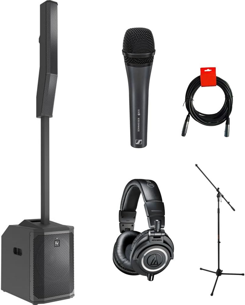 Electro-Voice Evolve 50M Portable 1000W Subwoofer and Column Speaker Kit with Bluetooth with e 835 Handheld Mic,ATH-M50x Monitor Headphones, MS-5230F Tripod Mic Stand, and XLR-XLR Cable, ELE50TBBMK