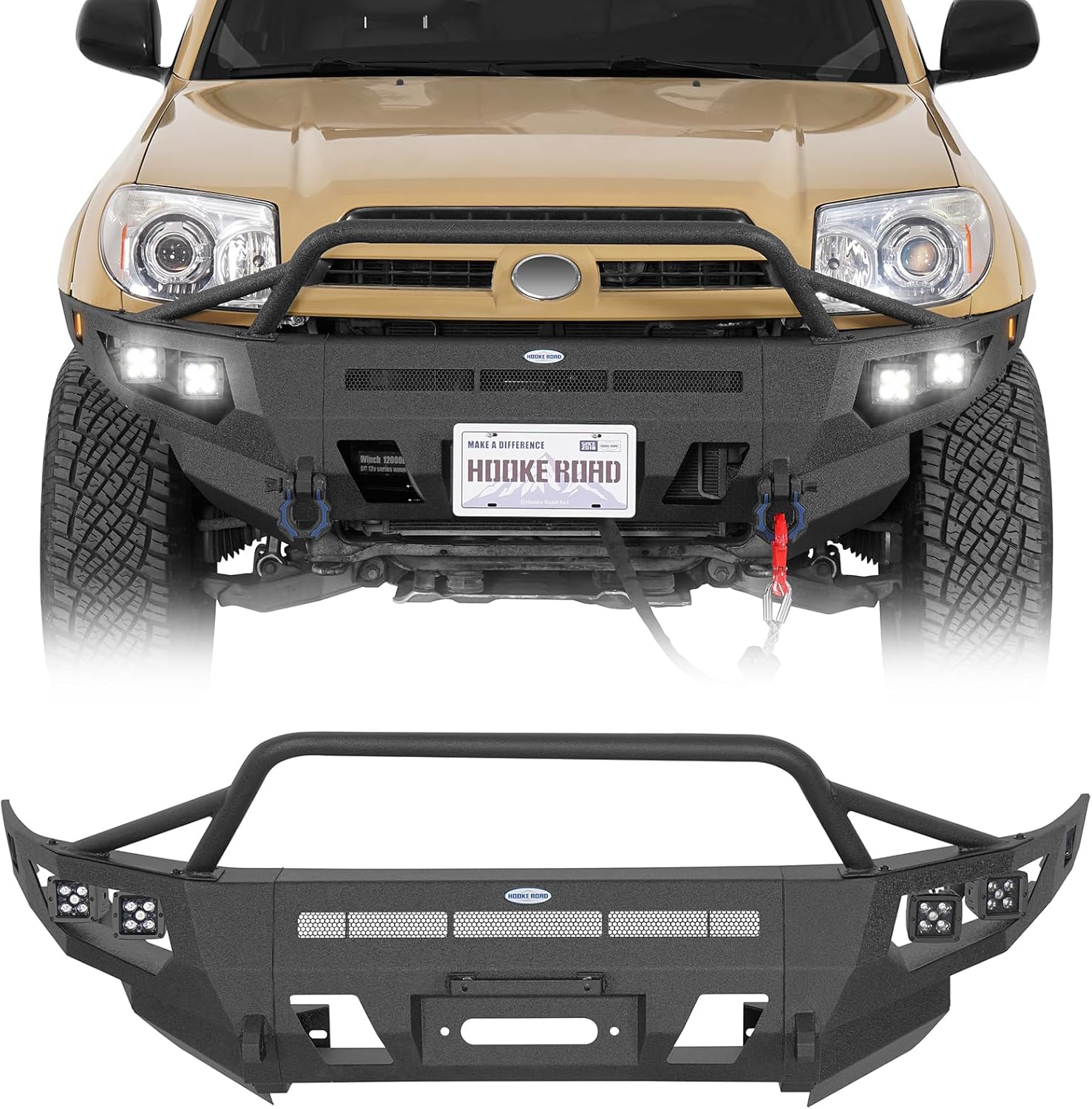 Hooke Road 03-09 4Runner Front Bumper w/Winch Plate for 2003-2009 Toyota 4Runner 4th Gen, Offroad Steel Bumper with Bull Bar, LED Lights, D-ring Mounts