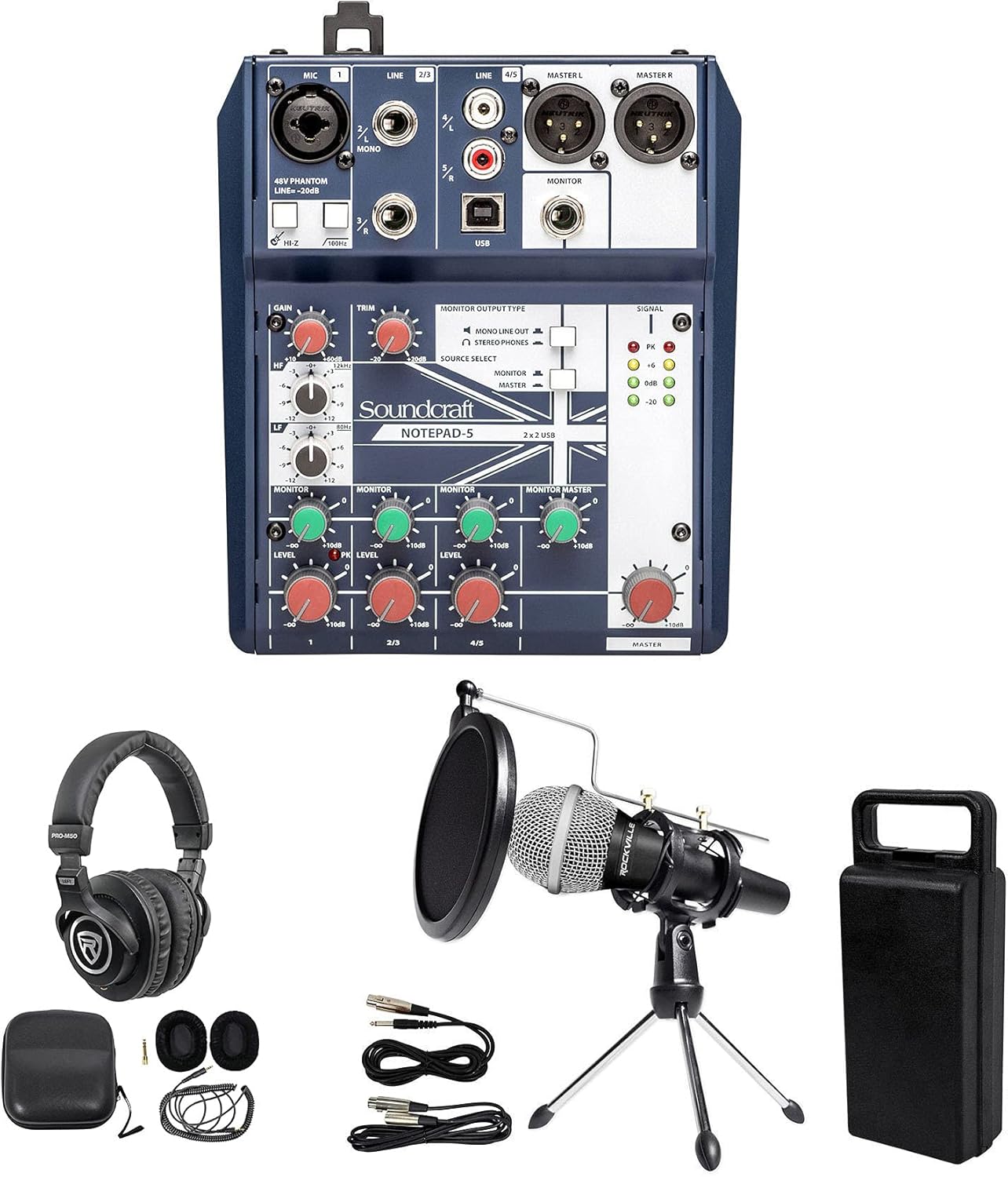 Soundcraft Notepad-5 Channel Podcast Mixer Podcasting Interface Bundle with Rockville PRO-M50 Studio Headphones, RMC-XLR Handheld Wired Mic and RTMS21 Desktop Tripod Mic Stand with Pop Filter