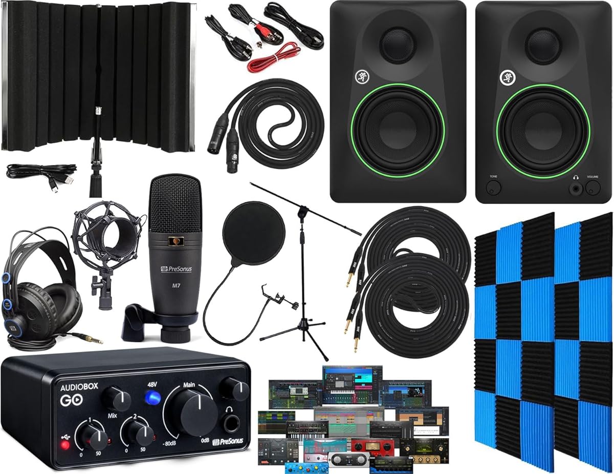 PreSonus AudioBox GO USB-C Audio Interface Creator Recording Bundle with Studio One Artist Software Pack, CR3.5 Multimedia Monitors, HD7 Headphones & 24 pc Acoustic Foam Wedge Panels & Isolation Booth