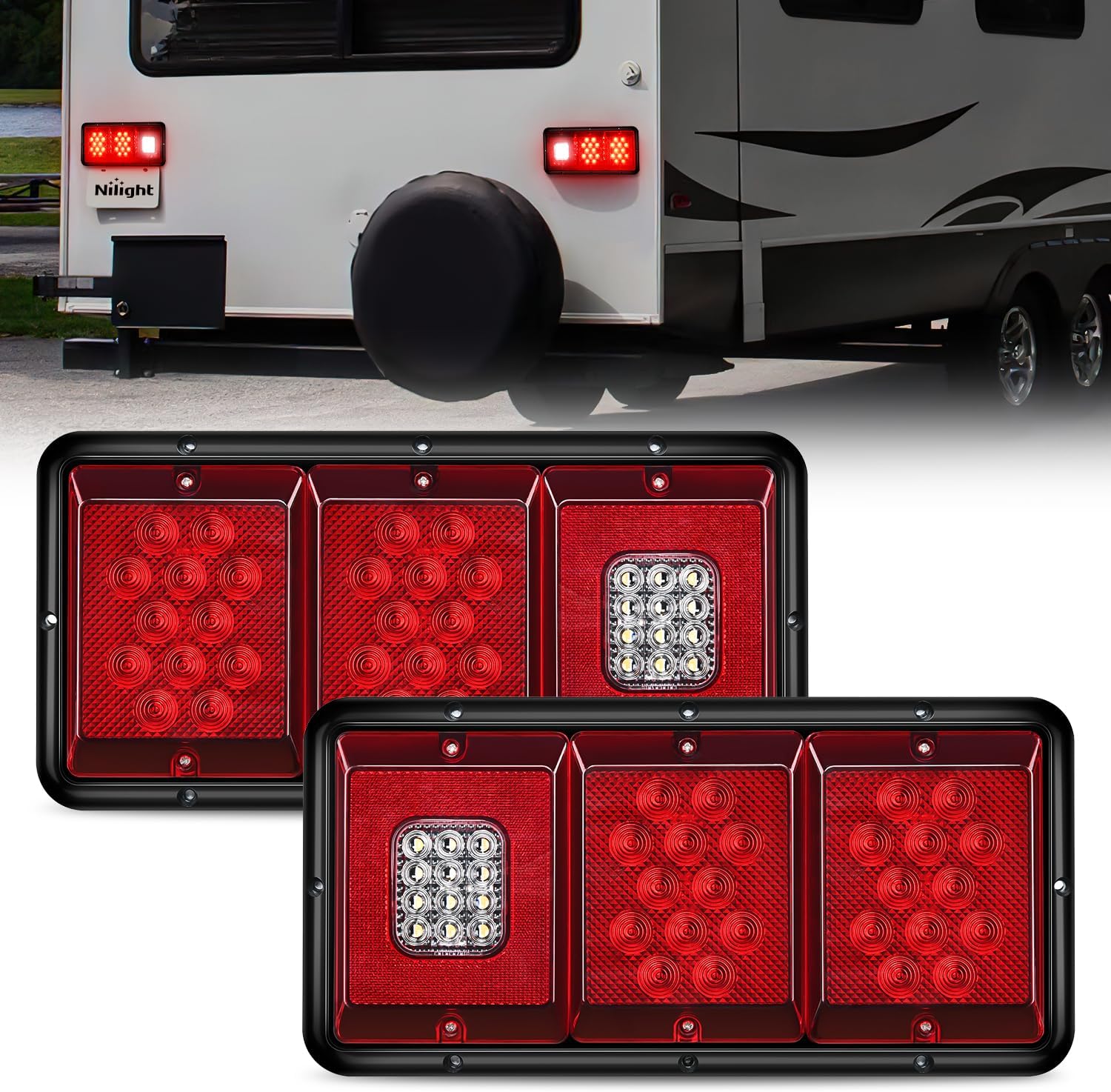 Nilight LED Triple Tail Light 2PCS Rectangle Red Stop Brake Turn Signals White Reverse Back Up Lights Surface Mount Waterproof Trailer Camper Van RV Caravan Taillights