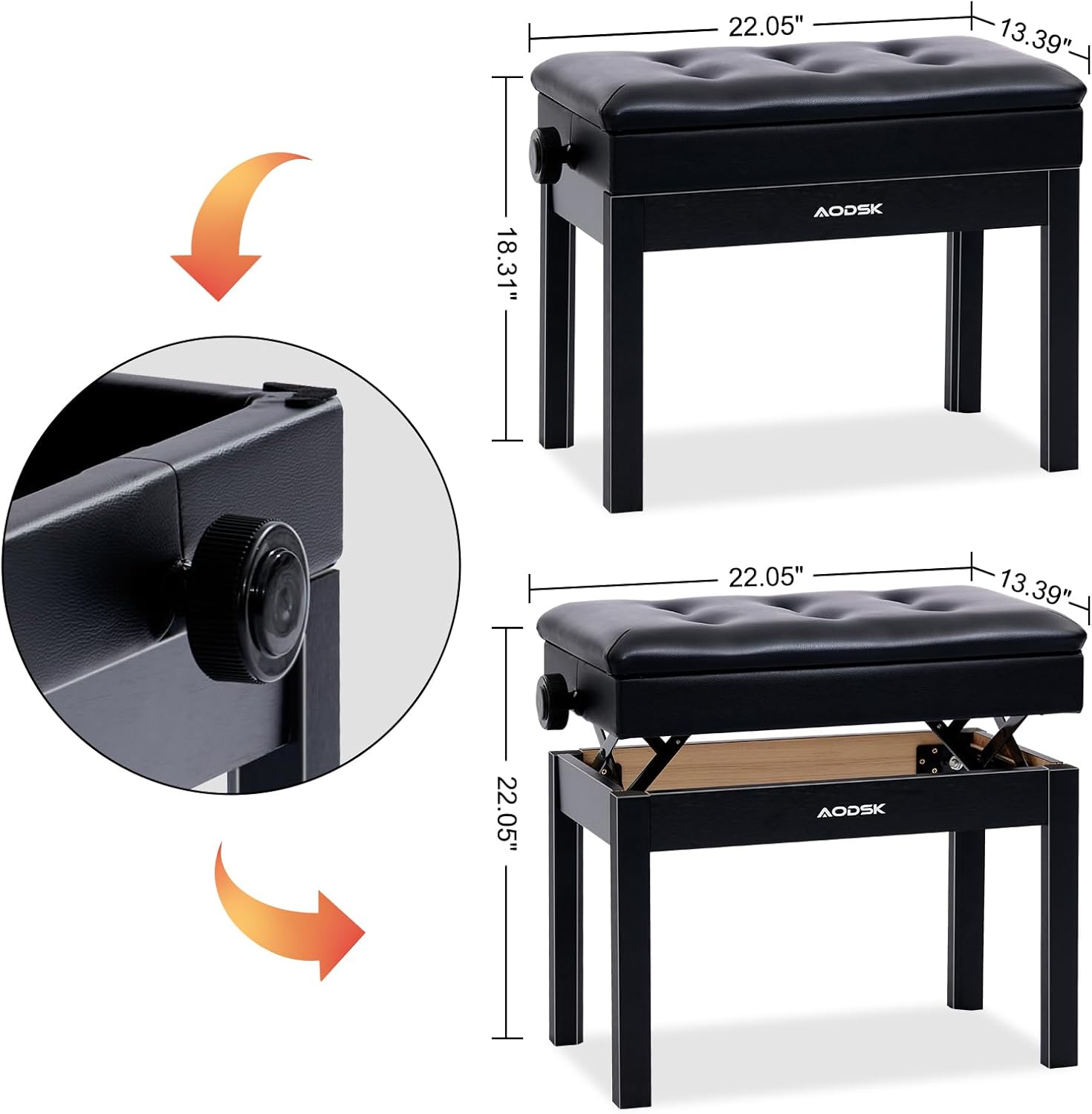 AODSK 88 Key Weighted Action Digital Piano,Grade Hammer Action Keyboard with Furniture Stand and Triple Pedals PB-85+AODSK Adjustable Wooden Piano Bench ALP-22