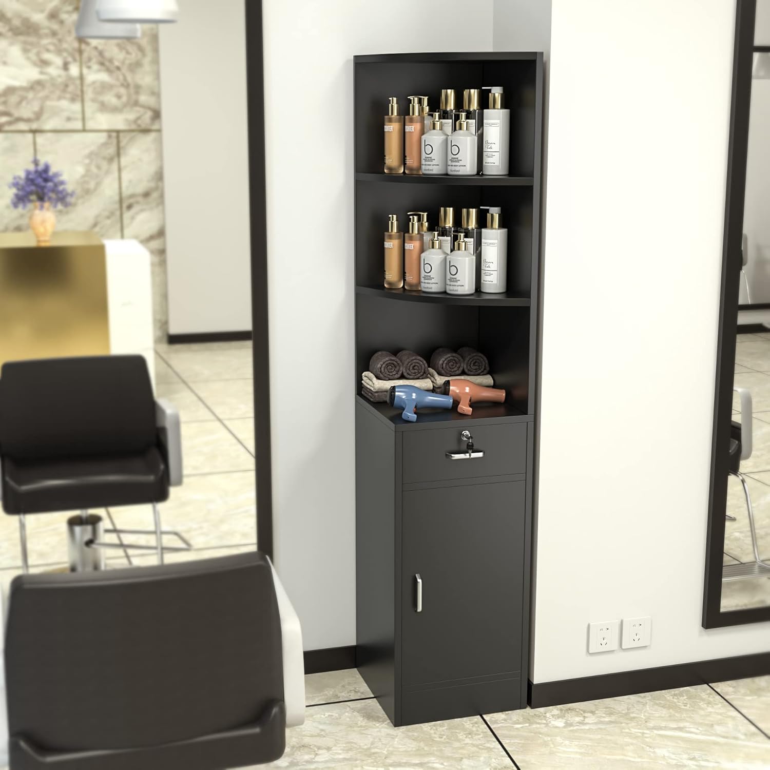 Paddie Corner Hair Salon Station, Wall Mount Salon Storage Hair Stylist Equipment Set w/Lockable Drawers/Storage Cabinet